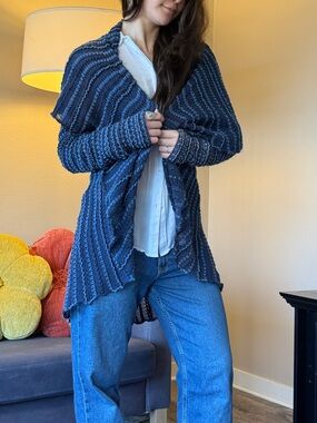 Ralph Lauren Navy Striped Open-Front Knit Cardigan